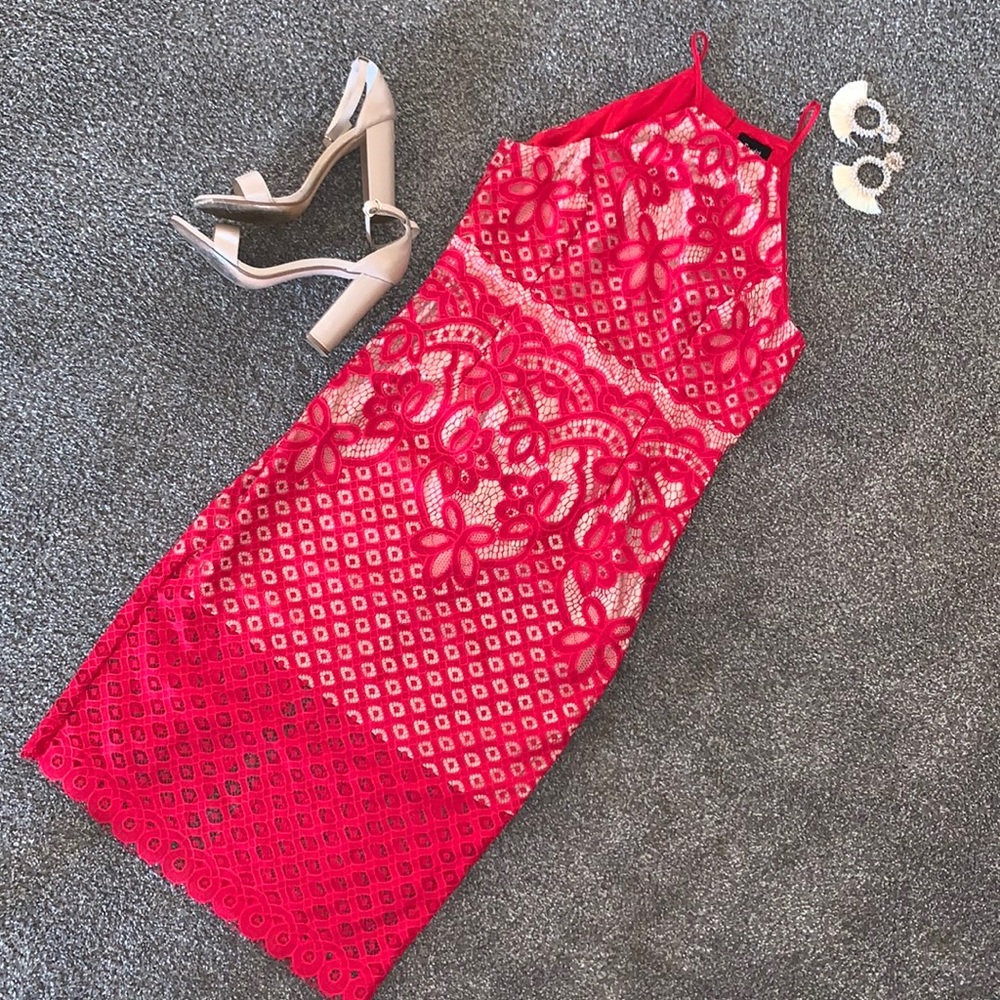 Bardot Lace Halter Red Dress